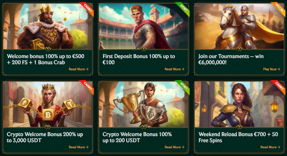 Casinia Einzahlungsboni einschließlich eines Willkommenspakets und eines Bonusradangebots.